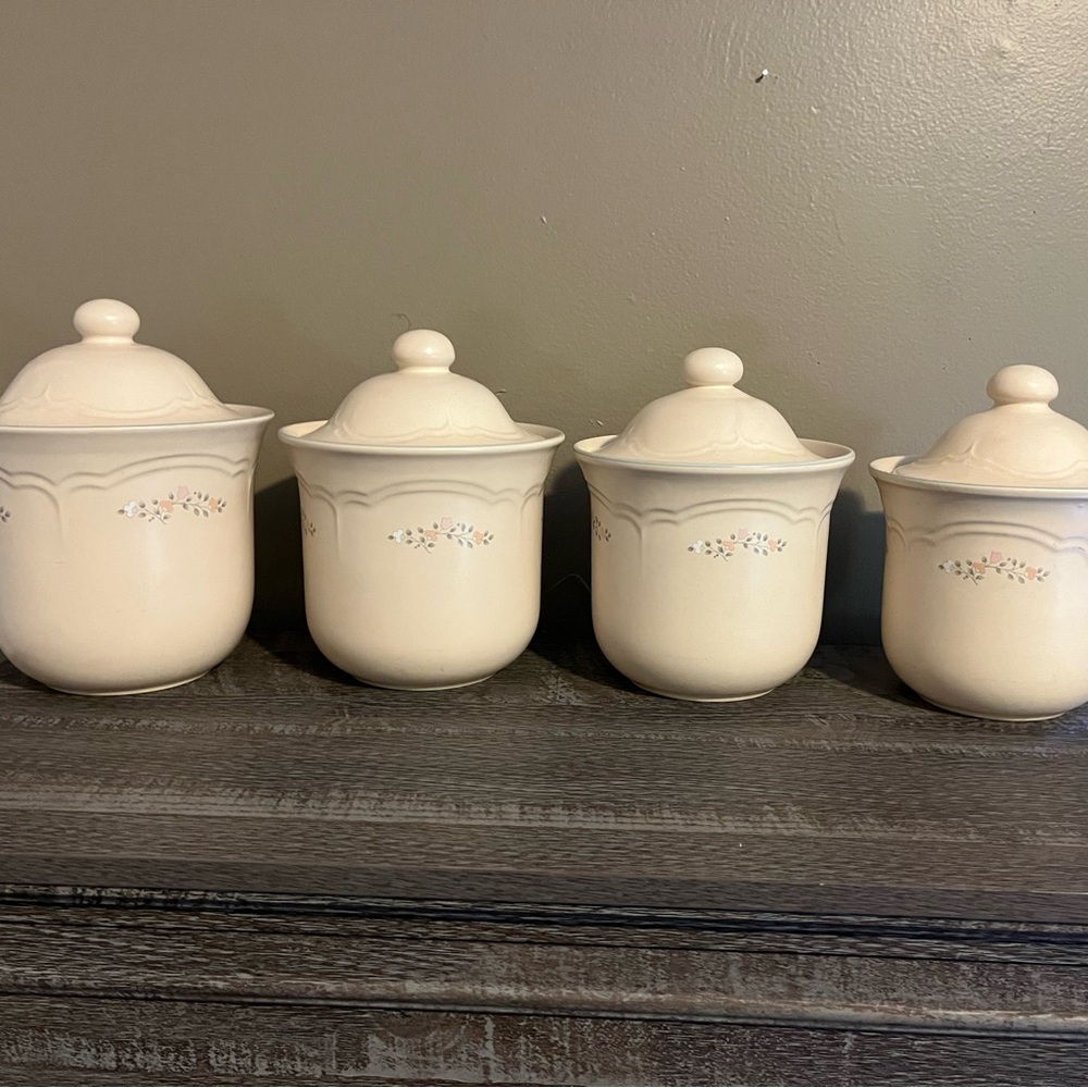 Vintage Pfaltzgraff stoneware canisters in the "Remembrance" pattern